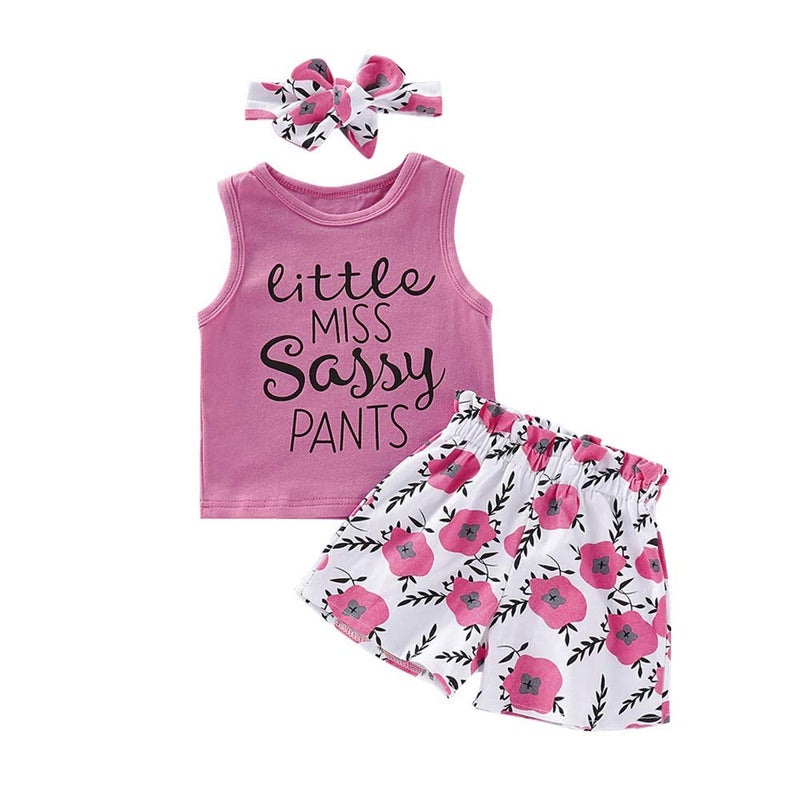 Hipea Toddler Girl Outfits Flower Tops Sleeveless Vest Shorts Headband Summer Clothes Set(5-6T) - Image 1